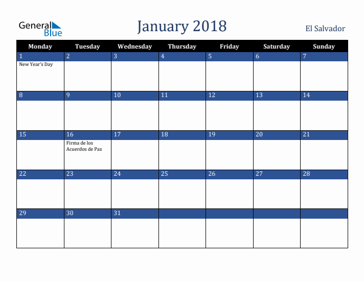 January 2018 El Salvador Calendar (Monday Start)