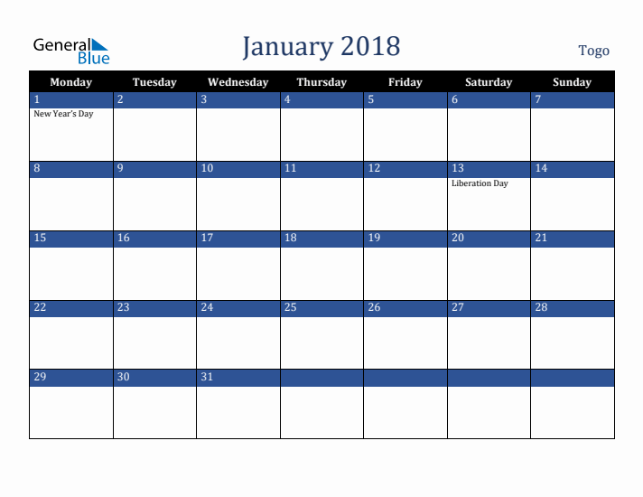January 2018 Togo Calendar (Monday Start)