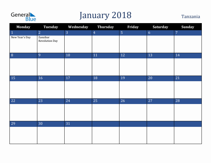 January 2018 Tanzania Calendar (Monday Start)