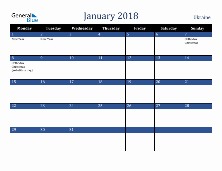 January 2018 Ukraine Calendar (Monday Start)