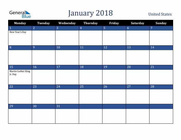 January 2018 United States Calendar (Monday Start)
