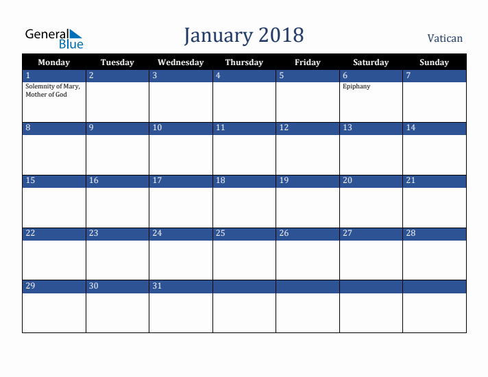 January 2018 Vatican Calendar (Monday Start)
