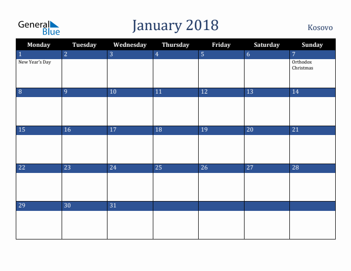 January 2018 Kosovo Calendar (Monday Start)
