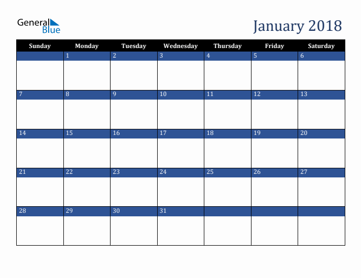 Sunday Start Calendar for January 2018