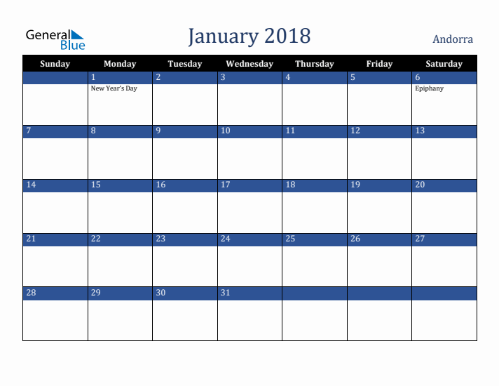 January 2018 Andorra Calendar (Sunday Start)