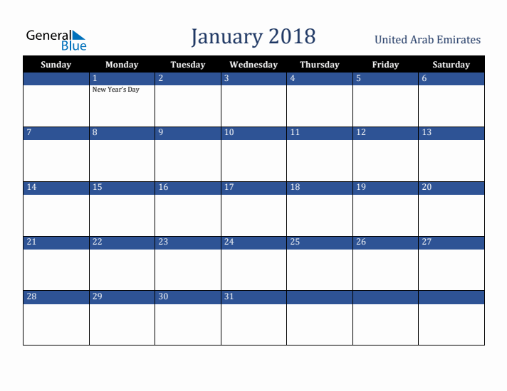 January 2018 United Arab Emirates Calendar (Sunday Start)