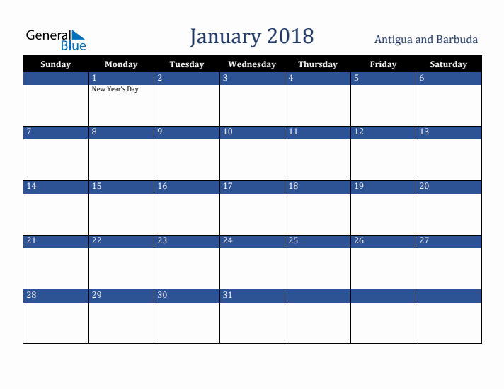 January 2018 Antigua and Barbuda Calendar (Sunday Start)