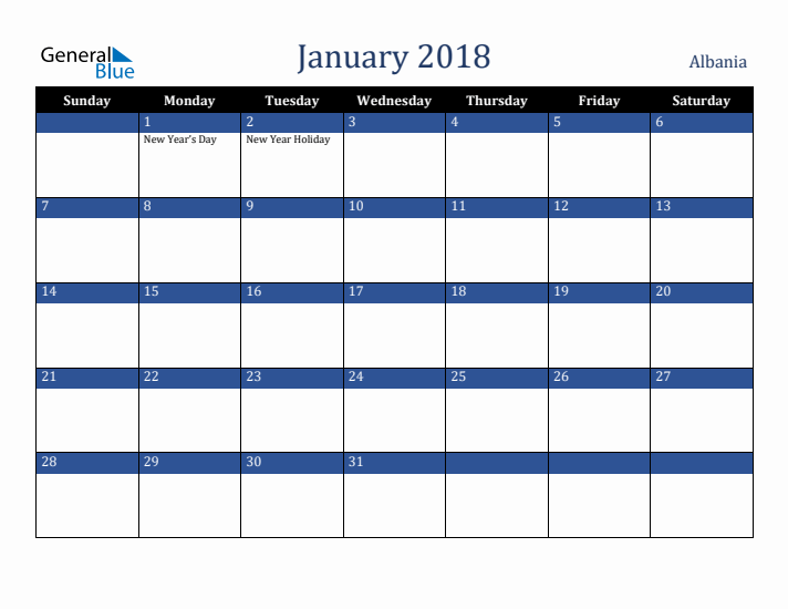 January 2018 Albania Calendar (Sunday Start)