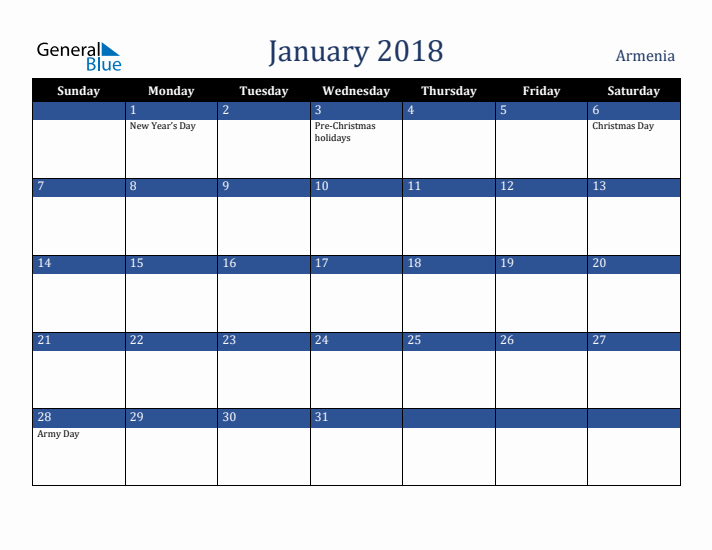 January 2018 Armenia Calendar (Sunday Start)