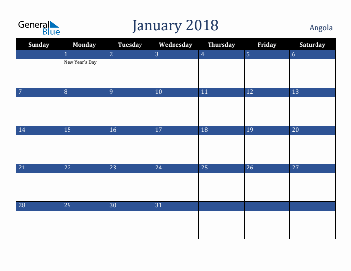 January 2018 Angola Calendar (Sunday Start)