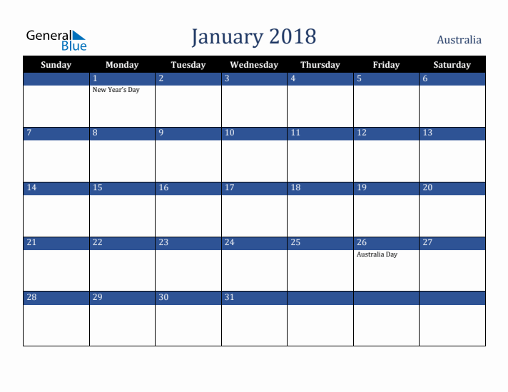 January 2018 Australia Calendar (Sunday Start)