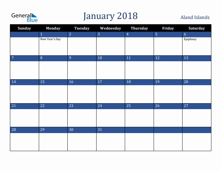January 2018 Aland Islands Calendar (Sunday Start)