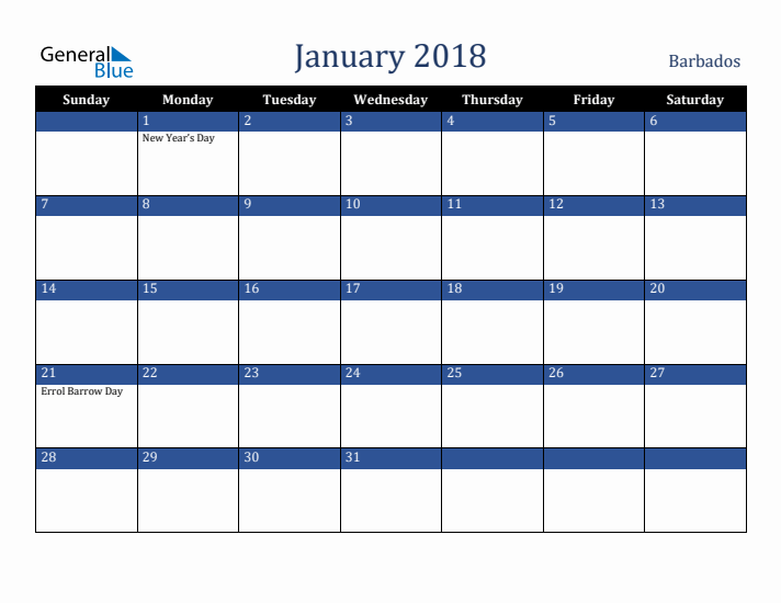 January 2018 Barbados Calendar (Sunday Start)