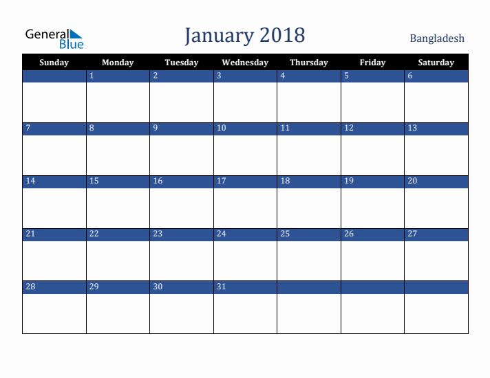 January 2018 Bangladesh Calendar (Sunday Start)