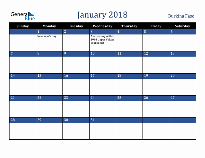 January 2018 Burkina Faso Calendar (Sunday Start)