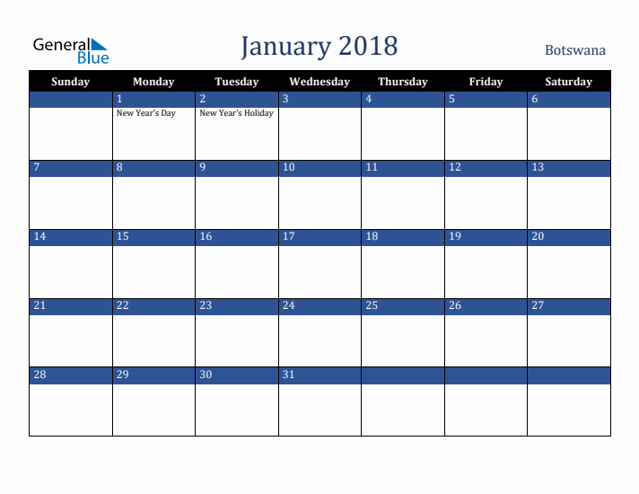 January 2018 Botswana Calendar (Sunday Start)
