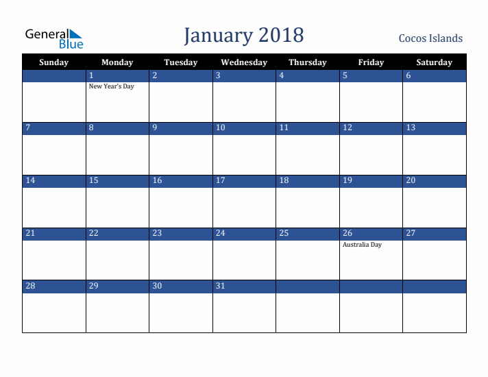 January 2018 Cocos Islands Calendar (Sunday Start)