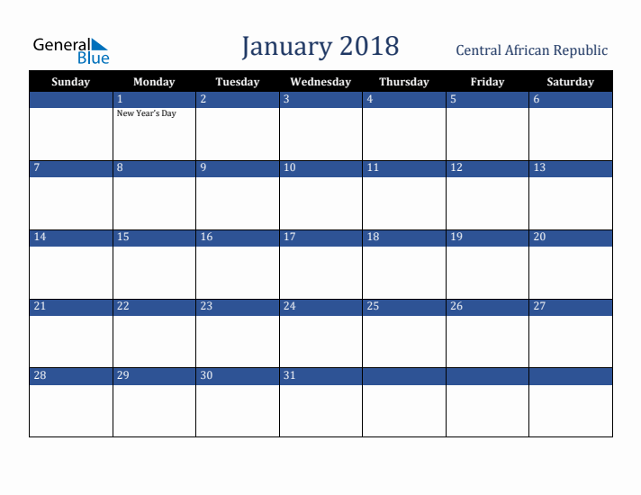January 2018 Central African Republic Calendar (Sunday Start)