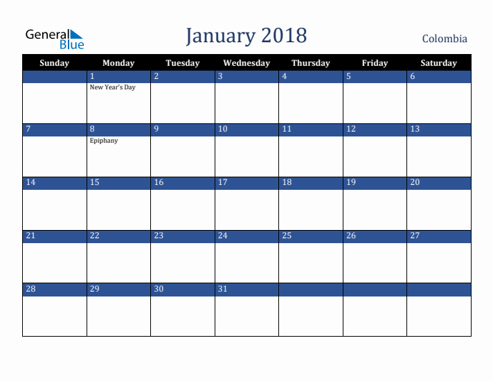 January 2018 Colombia Calendar (Sunday Start)