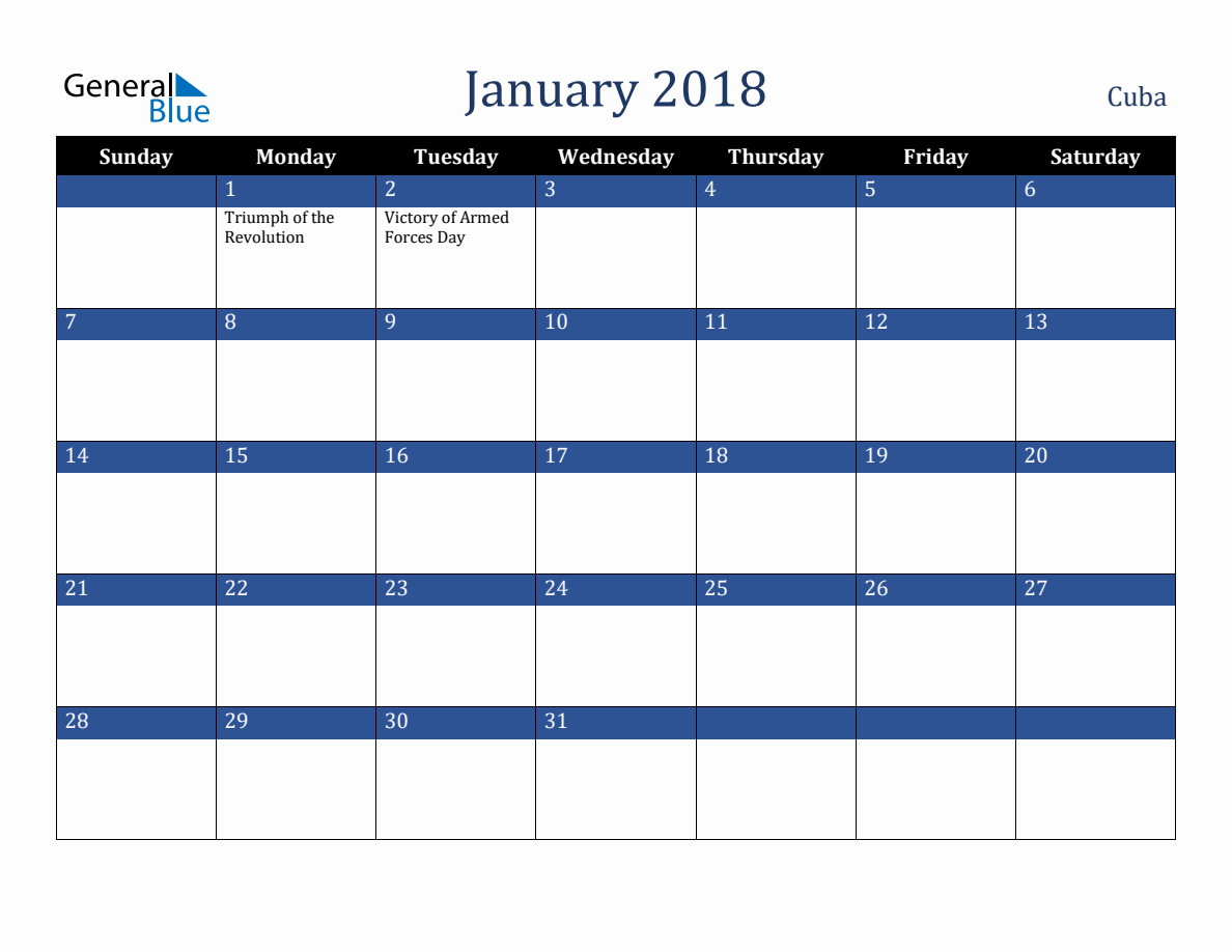 January 2018 Cuba Holiday Calendar
