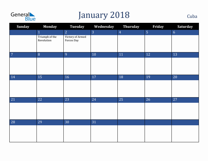 January 2018 Cuba Calendar (Sunday Start)