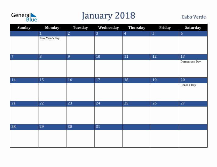 January 2018 Cabo Verde Calendar (Sunday Start)