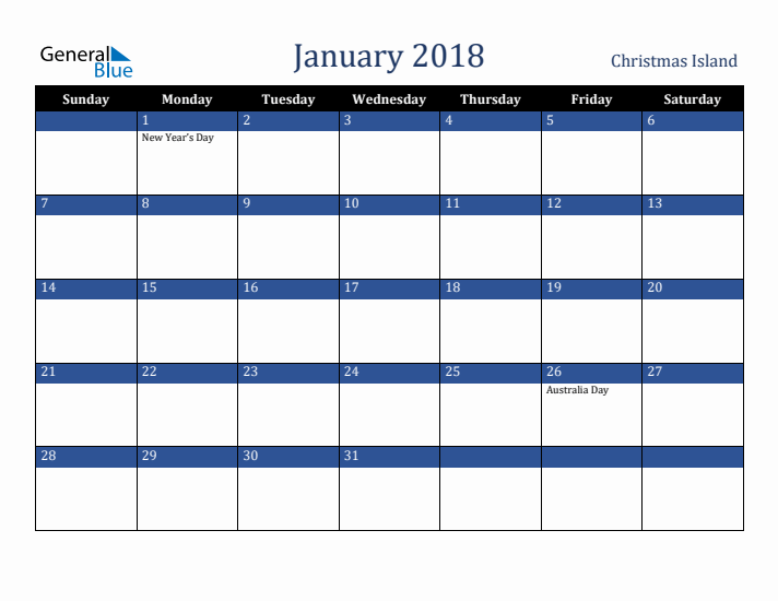 January 2018 Christmas Island Calendar (Sunday Start)