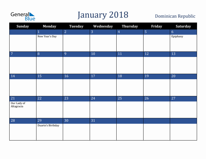 January 2018 Dominican Republic Calendar (Sunday Start)