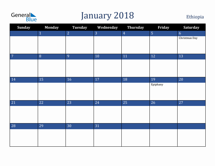 January 2018 Ethiopia Calendar (Sunday Start)