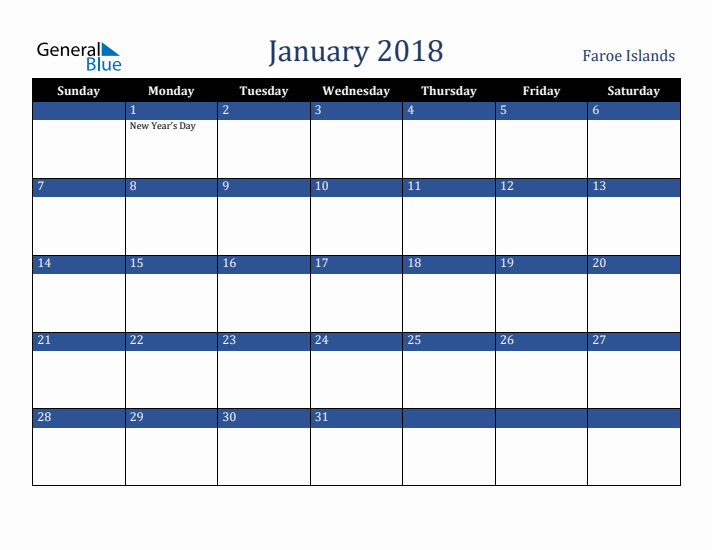 January 2018 Faroe Islands Calendar (Sunday Start)