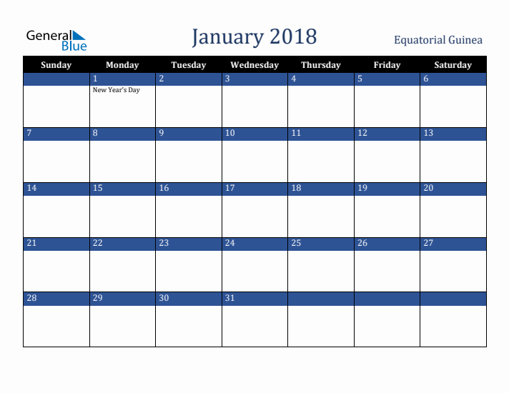 January 2018 Equatorial Guinea Calendar (Sunday Start)