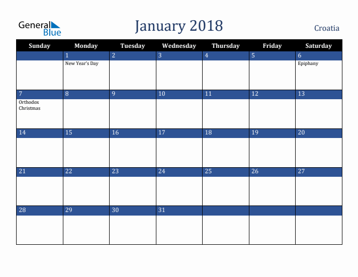January 2018 Croatia Calendar (Sunday Start)