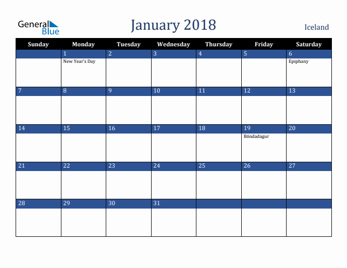 January 2018 Iceland Calendar (Sunday Start)