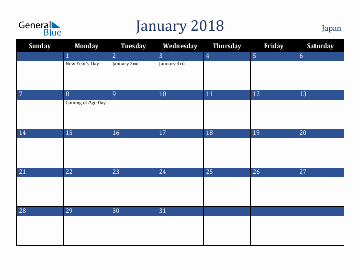 January 2018 Japan Calendar (Sunday Start)