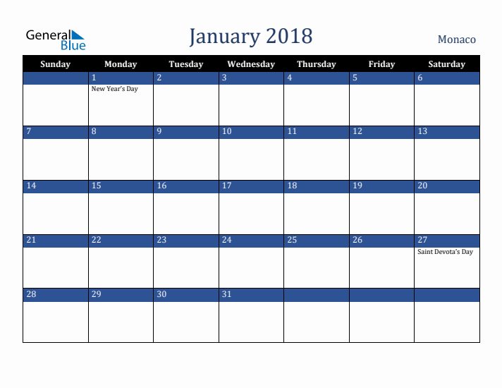 January 2018 Monaco Calendar (Sunday Start)