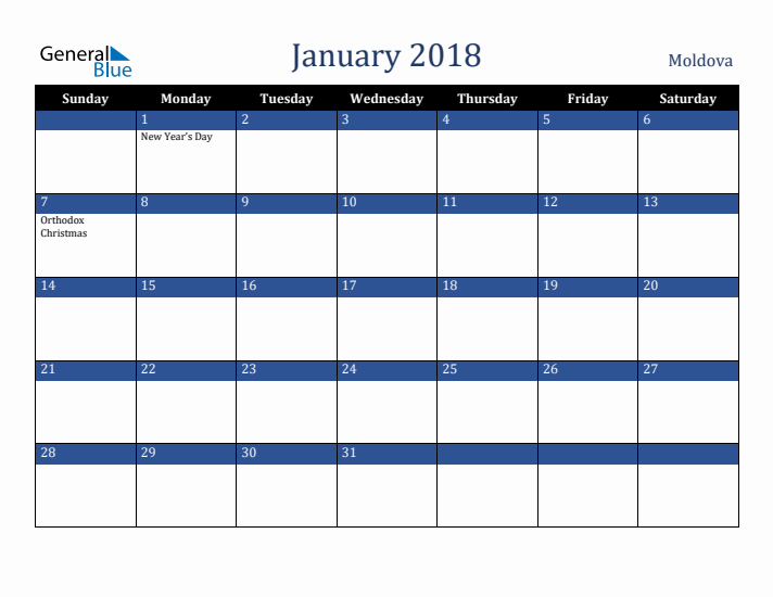 January 2018 Moldova Calendar (Sunday Start)