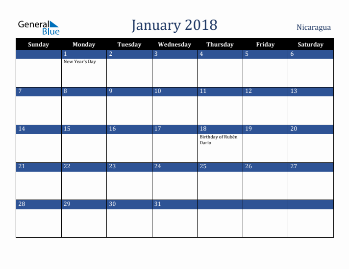 January 2018 Nicaragua Calendar (Sunday Start)