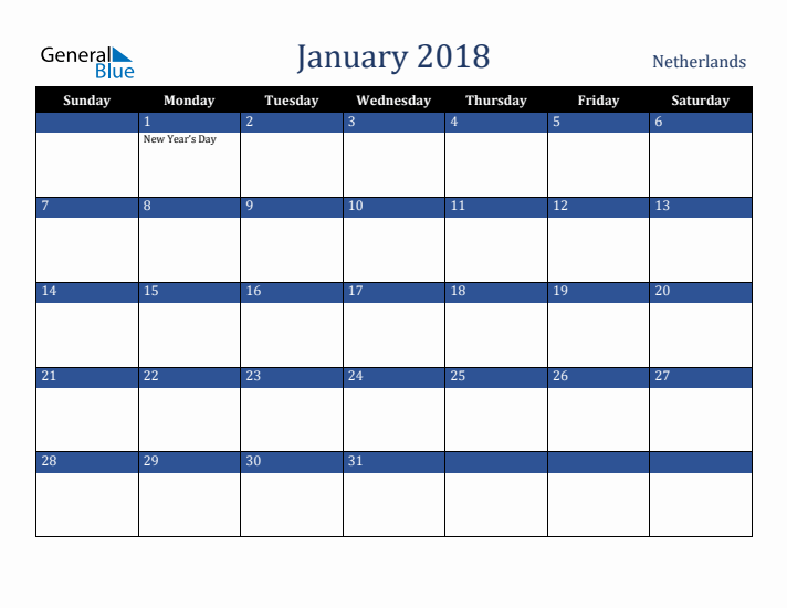 January 2018 The Netherlands Calendar (Sunday Start)