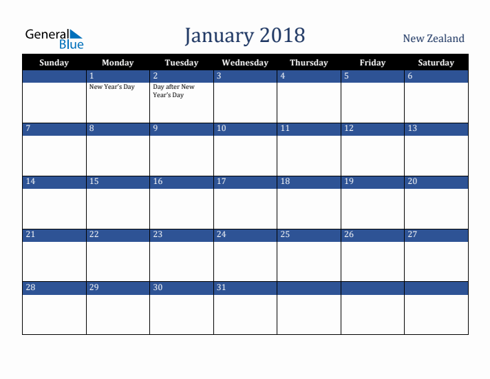 January 2018 New Zealand Calendar (Sunday Start)