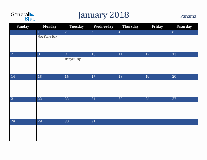 January 2018 Panama Calendar (Sunday Start)