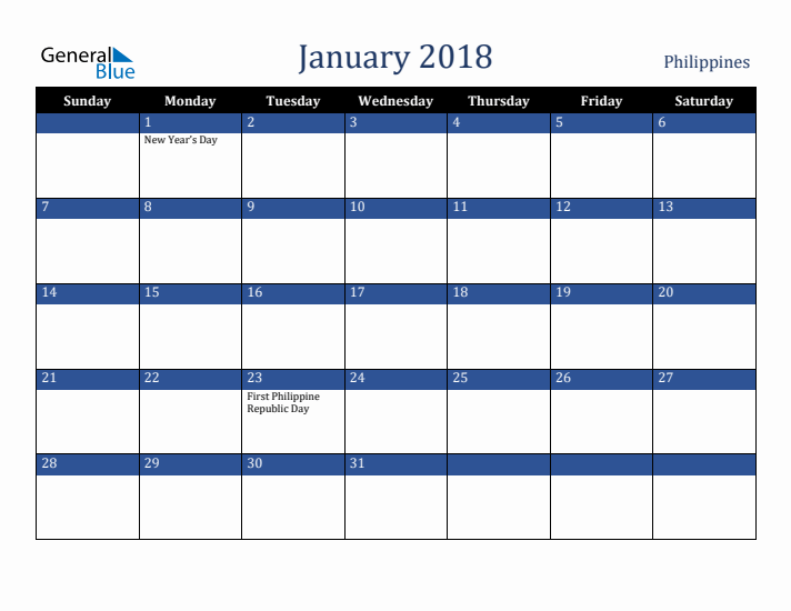 January 2018 Philippines Calendar (Sunday Start)