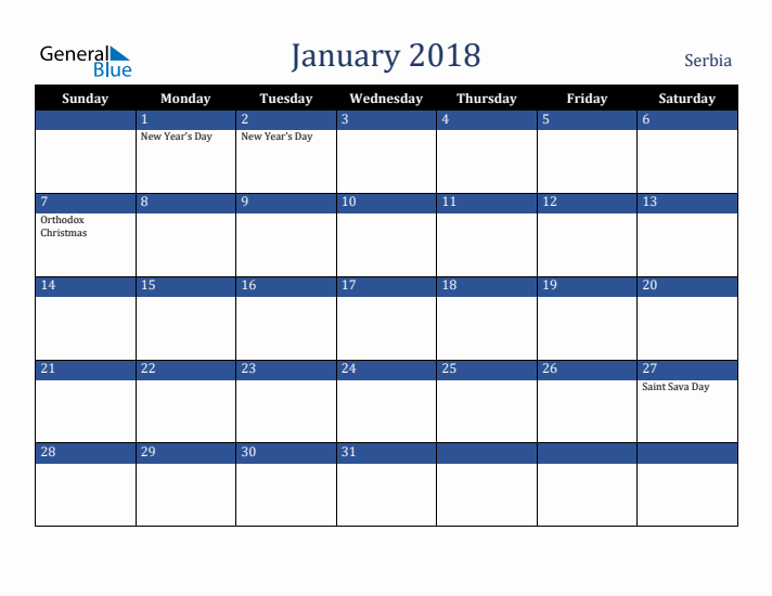 January 2018 Serbia Calendar (Sunday Start)