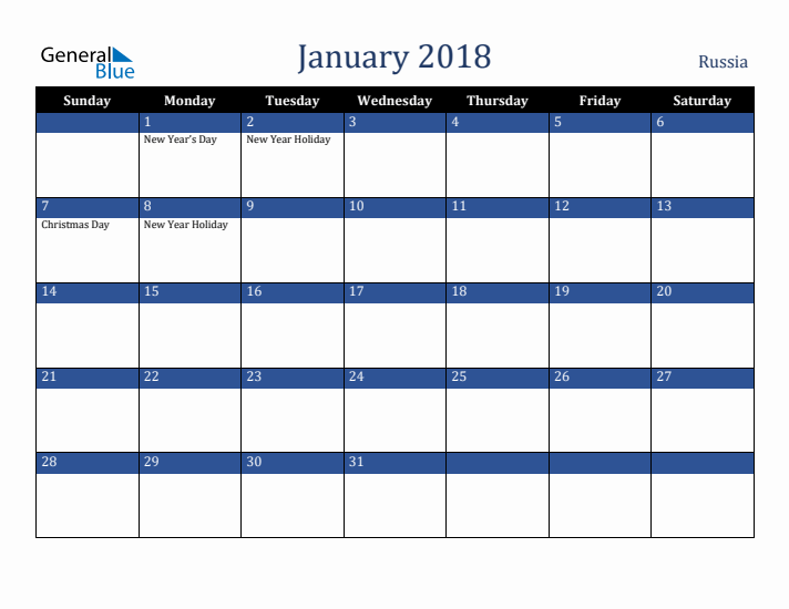 January 2018 Russia Calendar (Sunday Start)