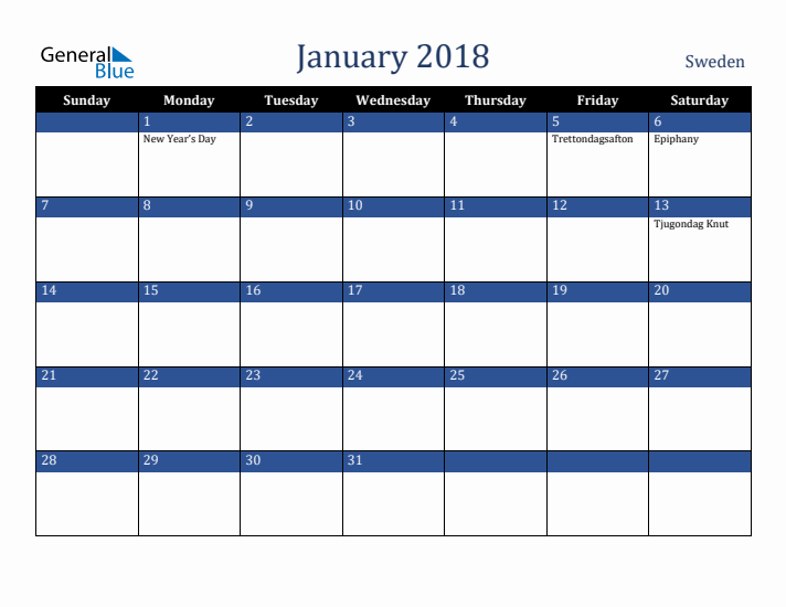 January 2018 Sweden Calendar (Sunday Start)