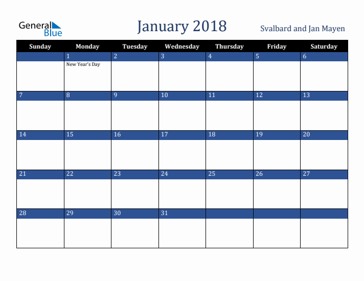 January 2018 Svalbard and Jan Mayen Calendar (Sunday Start)