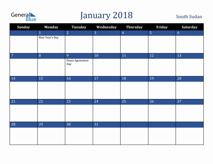 January 2018 South Sudan Calendar (Sunday Start)