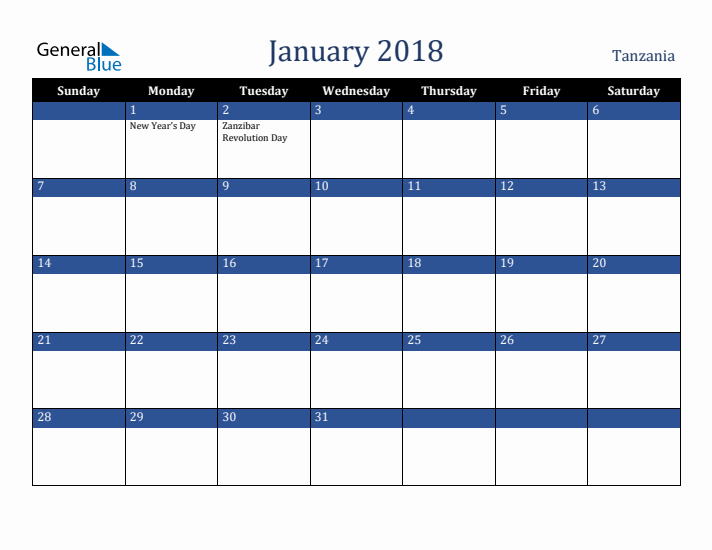 January 2018 Tanzania Calendar (Sunday Start)