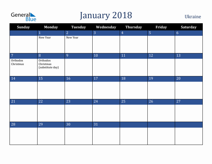 January 2018 Ukraine Calendar (Sunday Start)