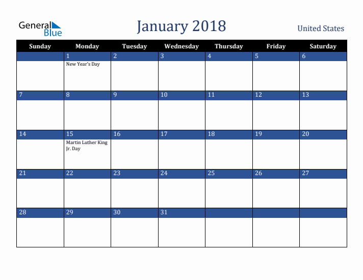 January 2018 United States Calendar (Sunday Start)