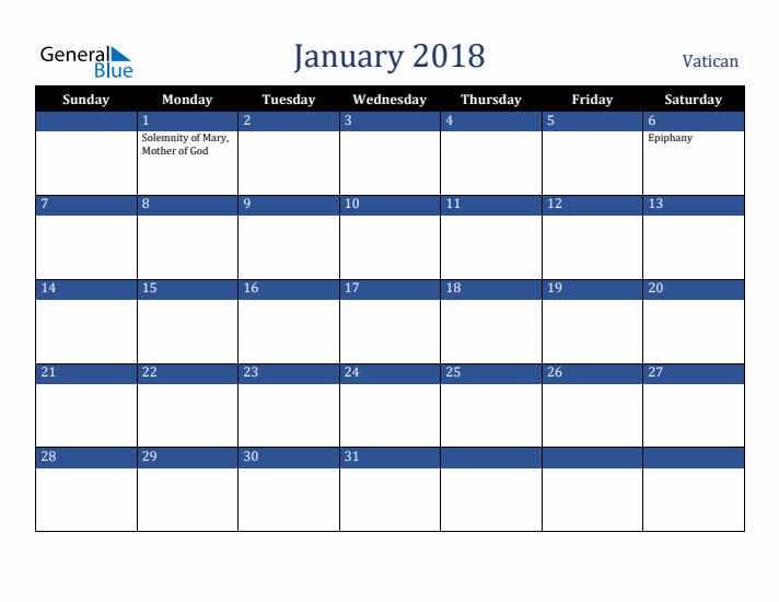 January 2018 Vatican Calendar (Sunday Start)